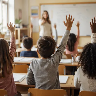 Children Raising Hands in Bright Classroom