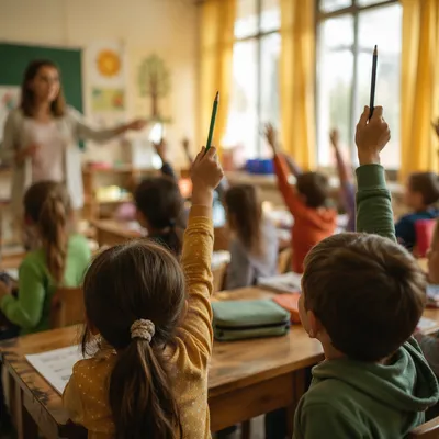 Children Raising Hands in Warm Classroom