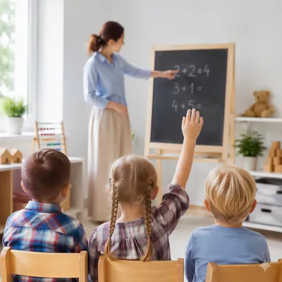 Preschool Classroom with Child Raising Hand