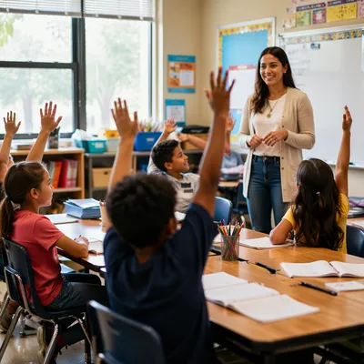 Elementary Classroom Students Raising Hands with Teacher