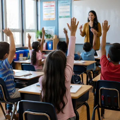 Children Raising Hands in Bright Classroom