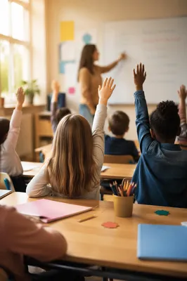Children Raising Hands in Bright Classroom