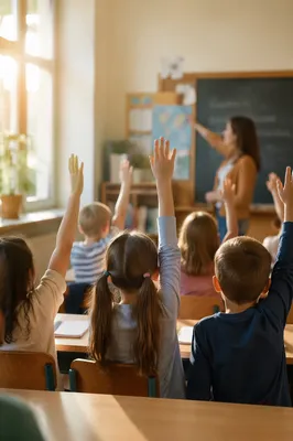 Elementary Classroom Children Raising Hands