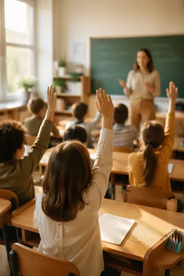 Children Raising Hands in Bright Classroom