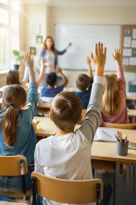 Elementary Classroom Children Raising Hands