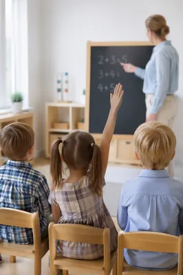 Preschool Classroom Children Raising Hands