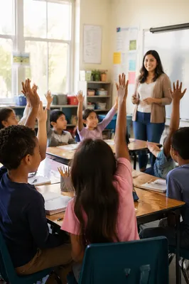 Elementary Students Raising Hands in Classroom