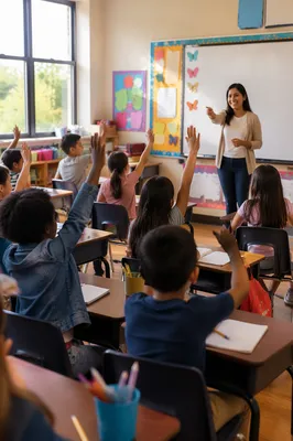 Elementary Students Raising Hands in Classroom
