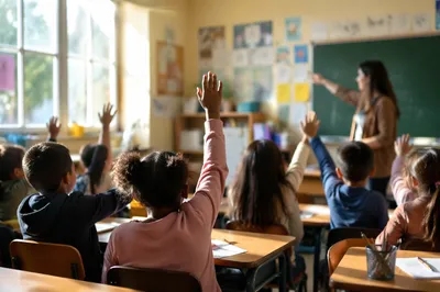 Children Raising Hands in Bright Classroom