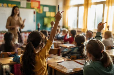 Children Raising Hands in Warm Classroom
