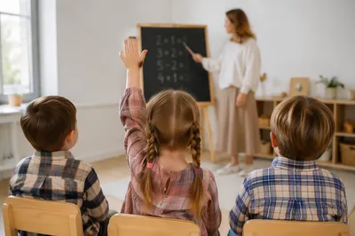 Preschool Classroom Children Raising Hands to Learn