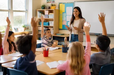Elementary Students Raising Hands in Classroom