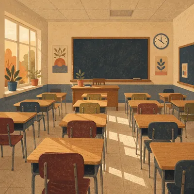 Quiet Empty Classroom with Chalkboard Light