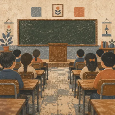 Quiet Empty Classroom with Chalkboard View