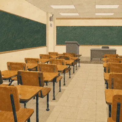 Empty Classroom with Desks and Chalkboards