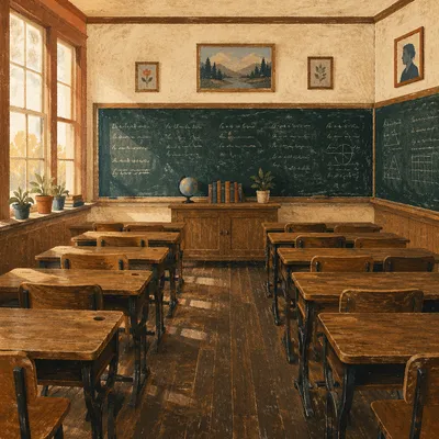 Empty Vintage Classroom with Chalkboard