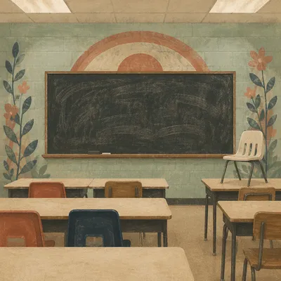 Empty Classroom with Desks and Chalkboard
