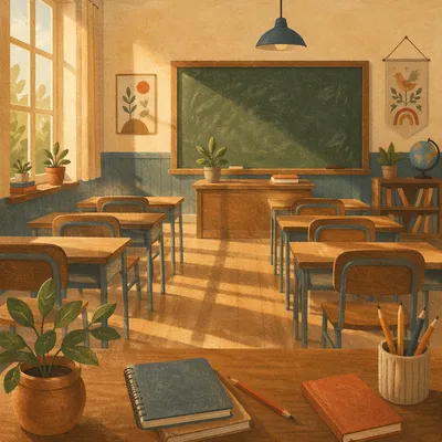 Quiet Morning Empty Classroom with Chalkboard