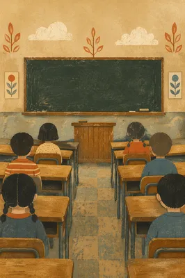 Empty Classroom with Chalkboard and Wooden Desks