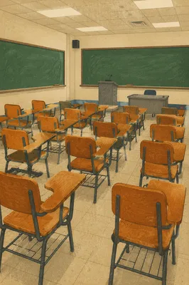 Empty Classroom with Chalkboards and Wooden Desks