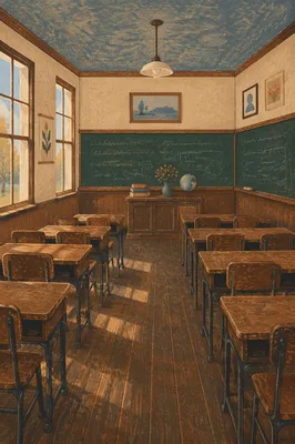 Empty Vintage Classroom with Green Chalkboard
