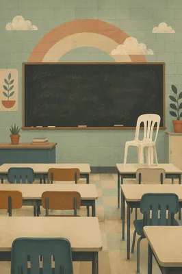 Empty Classroom with Chalkboard and Desks