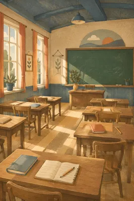Quiet Empty Classroom with Green Chalkboard