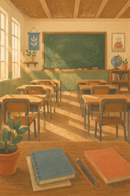 Quiet Morning Empty Classroom with Chalkboard