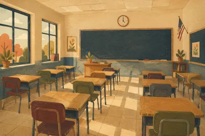 Quiet Empty Classroom with Sunlit Desks