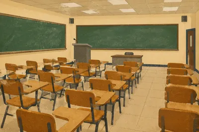Empty Classroom with Desks and Chalkboards