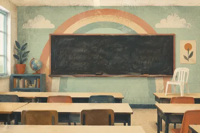 Empty Classroom with Chalkboard and Desks