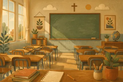 Quiet Morning Empty Classroom with Chalkboard