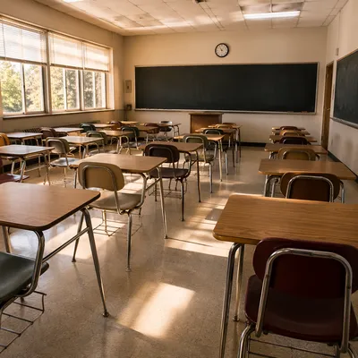 Sunlit Empty Classroom with Chalkboard Rows