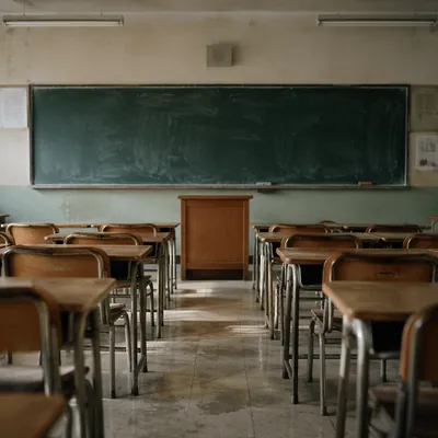 Empty Nostalgic Classroom with Chalkboard and Desks