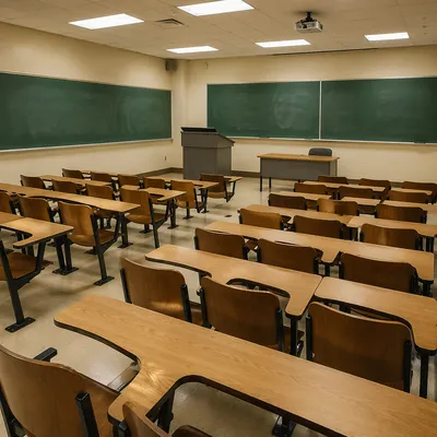 Empty Classroom with Desks and Chalkboards