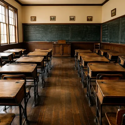 Empty Vintage Classroom with Chalkboard