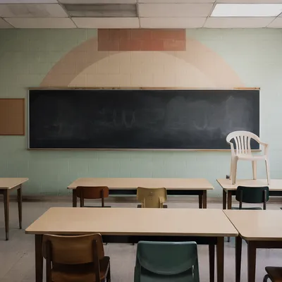 Empty Classroom with Chalkboard and Desks