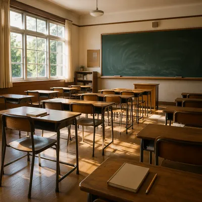 Empty Classroom with Sunlit Desks and Chalkboard