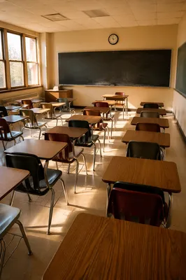 Sunlit Empty Classroom with Chalkboard Rows