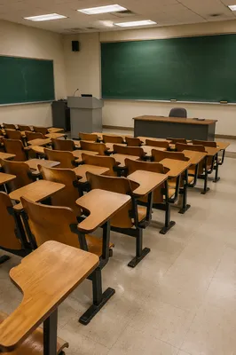 Empty Classroom with Desks and Chalkboards