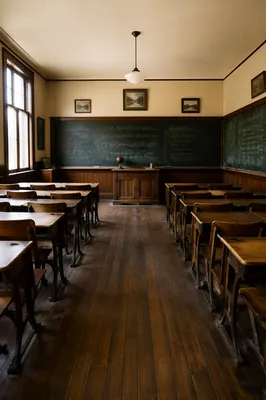 Empty Vintage Classroom with Green Chalkboard