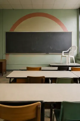 Empty Classroom with Chalkboard and Desks