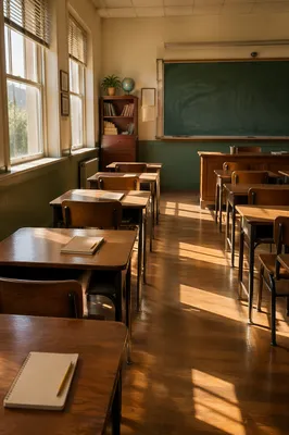 Sunlit Empty Classroom with Wooden Desks