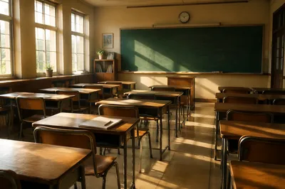 Empty Sunlit Classroom with Green Chalkboard