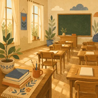 Quiet Morning Classroom with Sunlit Desks