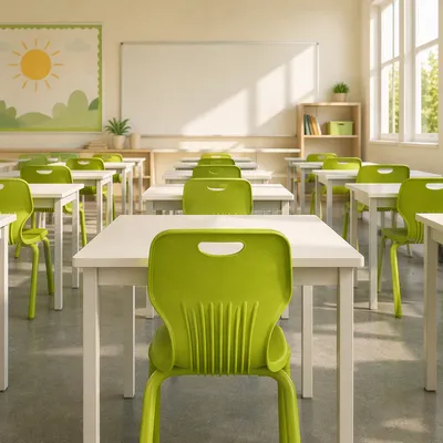 Empty Classroom Desks in Morning Sunlight