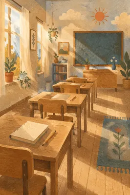 Quiet Morning Classroom with Sunlit Desks