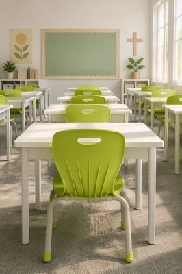 Quiet Morning Classroom with Green Chairs