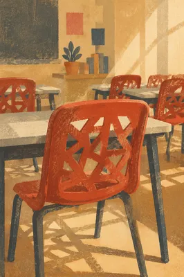 Empty Classroom Desks in Morning Sunlight