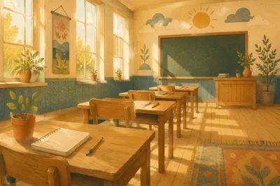 Quiet Morning Classroom with Sunlit Desks
